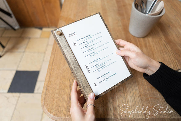 Elegant wooden menu holder for restaurant