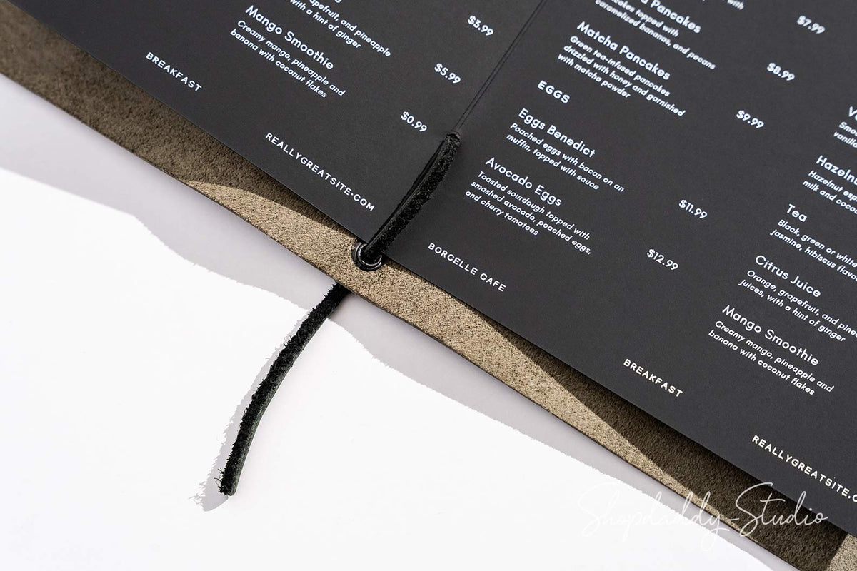 Green-Gray Leather Menu Folder with Leather Lace for Hospitality