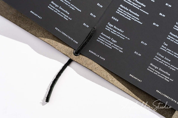 Green-Gray Leather Menu Folder with Leather Lace for Hospitality