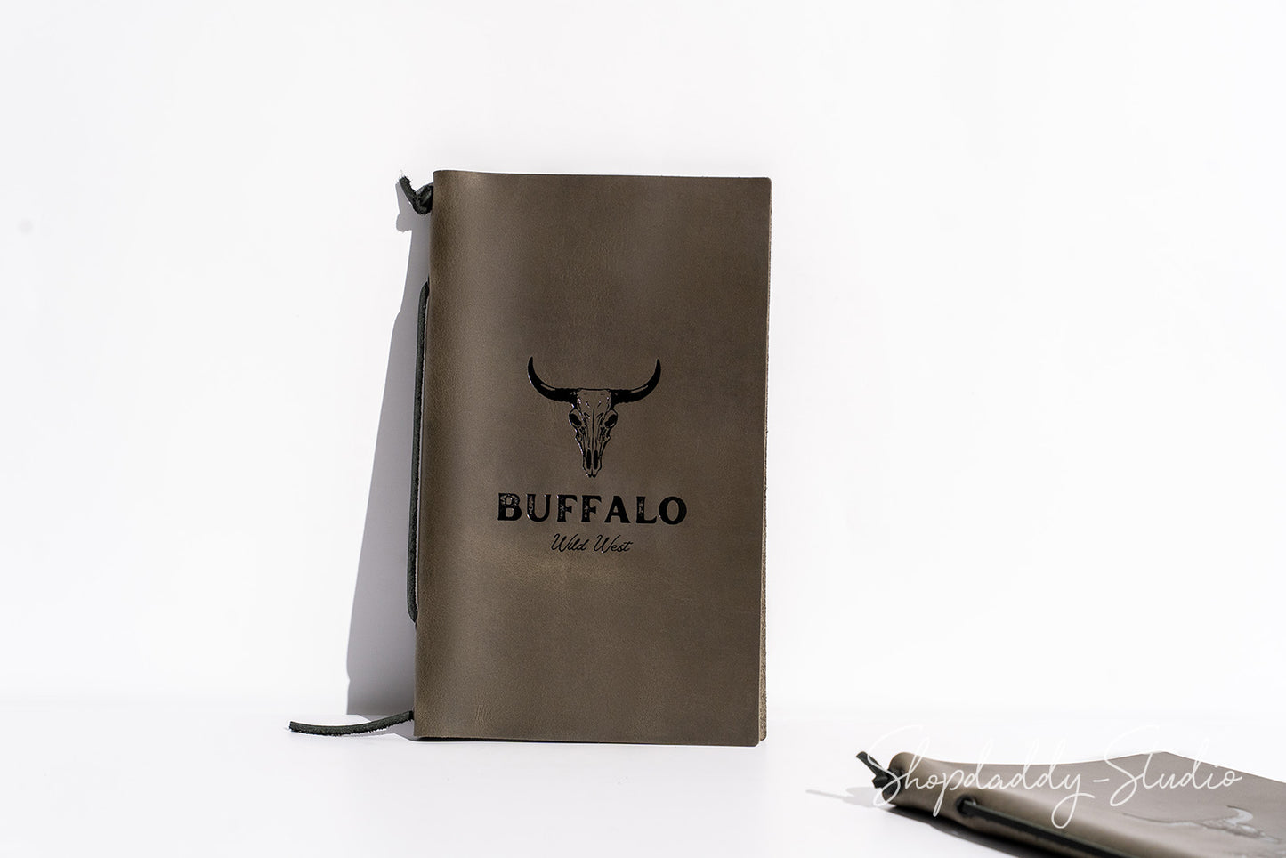 Green-Gray Leather Menu Folder with Leather Lace with Custom Logo
