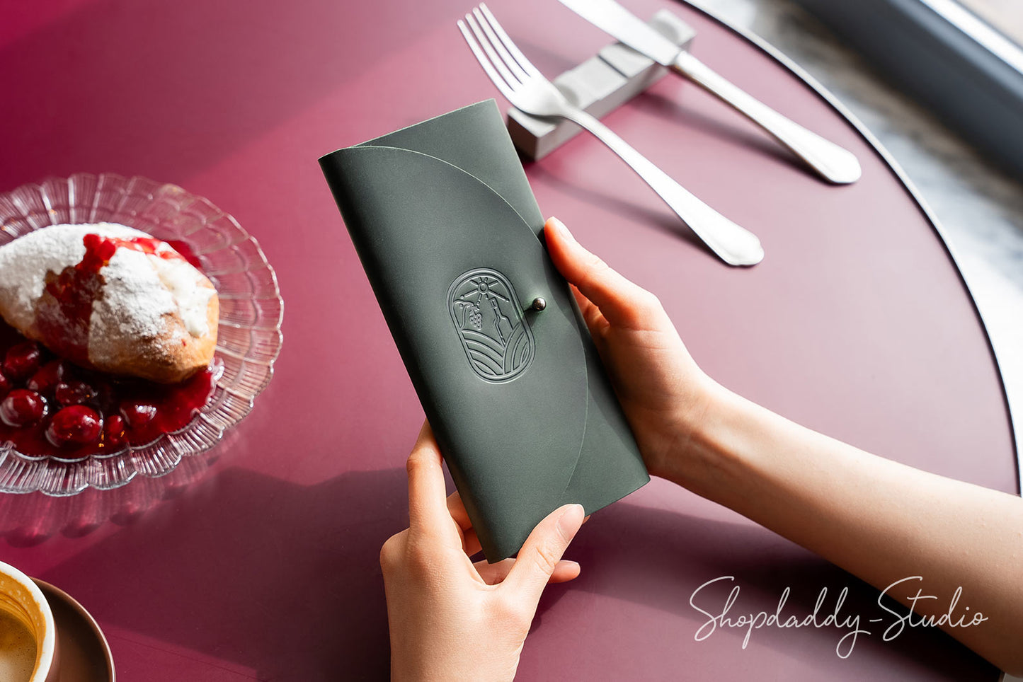 Green Bill Presenter with Button Stud for restaurant
