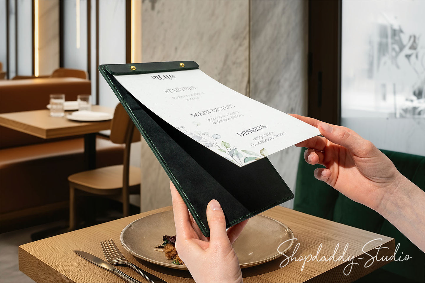 Green Double Leather Holder With Caburn Plank for Restaurant
