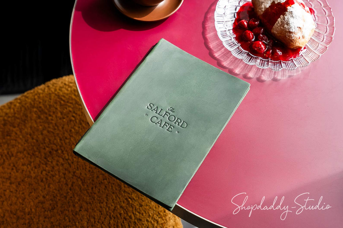 Green Double Leather Menu Book with Corners for restaurant