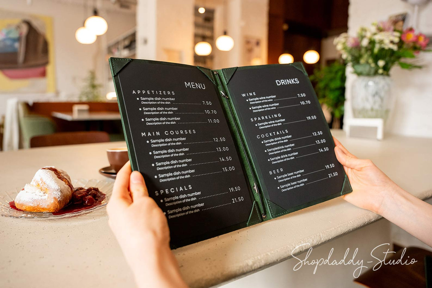 Green Double Leather Menu Booklet with Corners for restaurant
