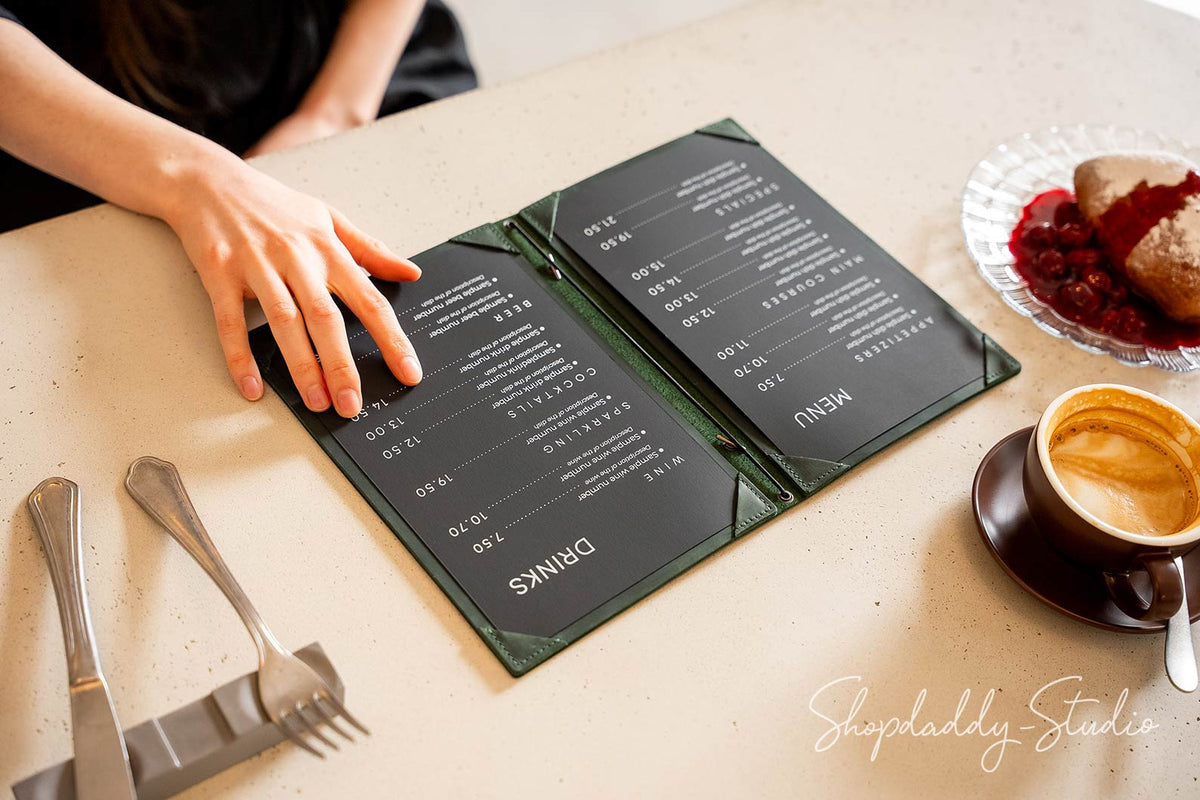 Green Double Leather Menu Case with Corners for cafe