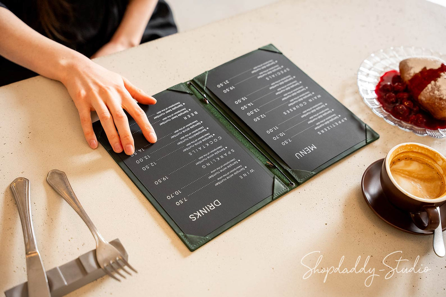 Green Double Leather Menu Case with Corners for cafe