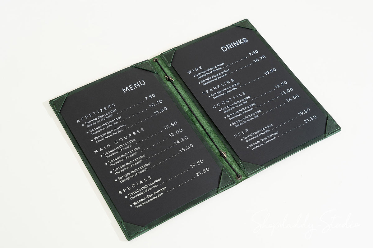 Green Double Leather Menu Case with Corners for pub
