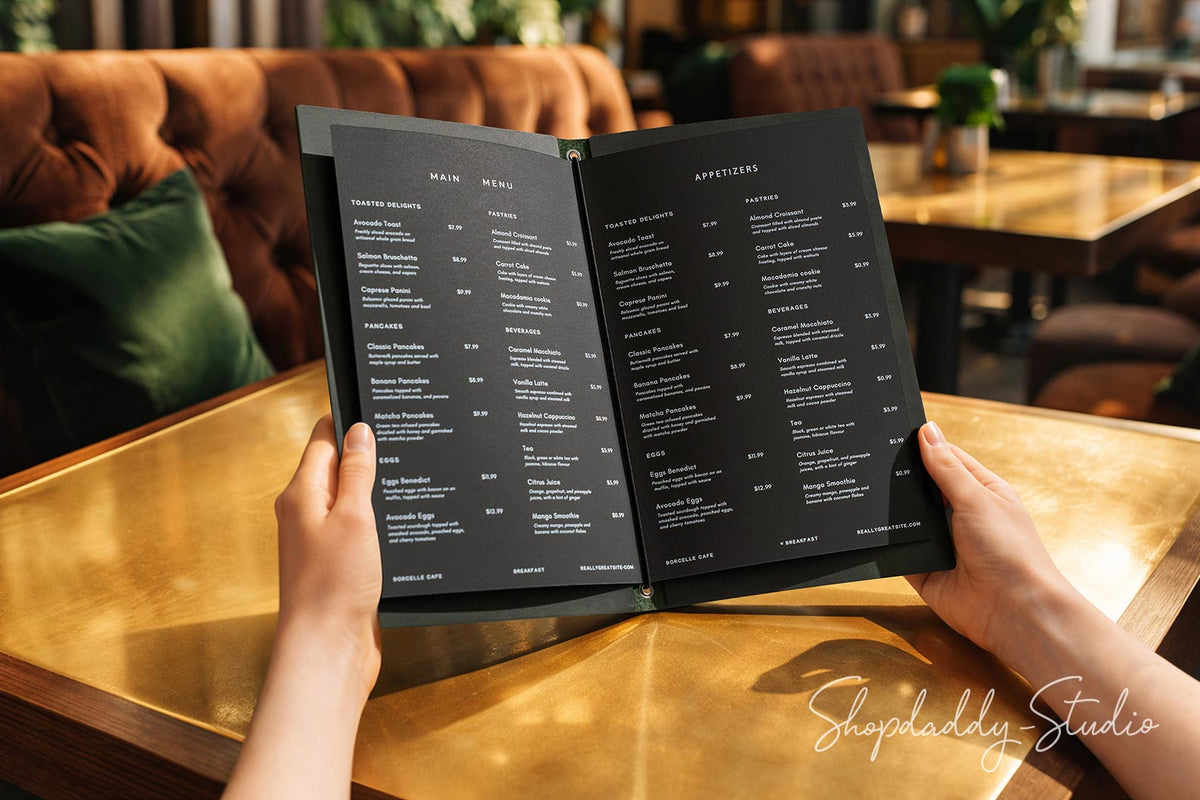 Green Double Leather Menu Cover with Elastic Band for Cafes and Bars