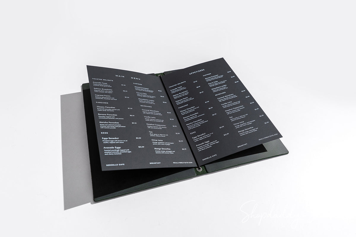 Green Double Leather Menu Cover with Elastic Band for Hotels