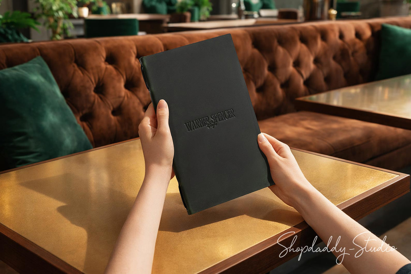 Green Double Leather Menu Cover with Elastic Band for Restaurants
