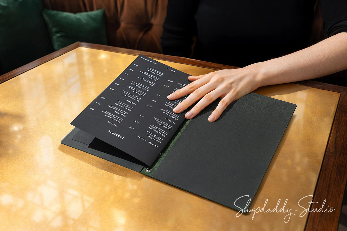 Green Double Leather Menu Cover with Elastic Band with Custom Logo