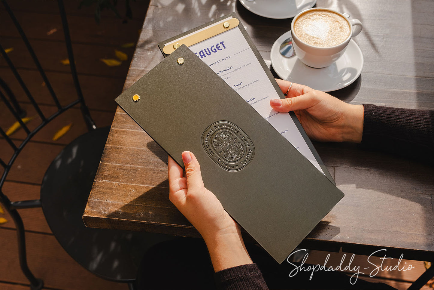 Green Double Leather Menu Holder with Brass Plank for cafe