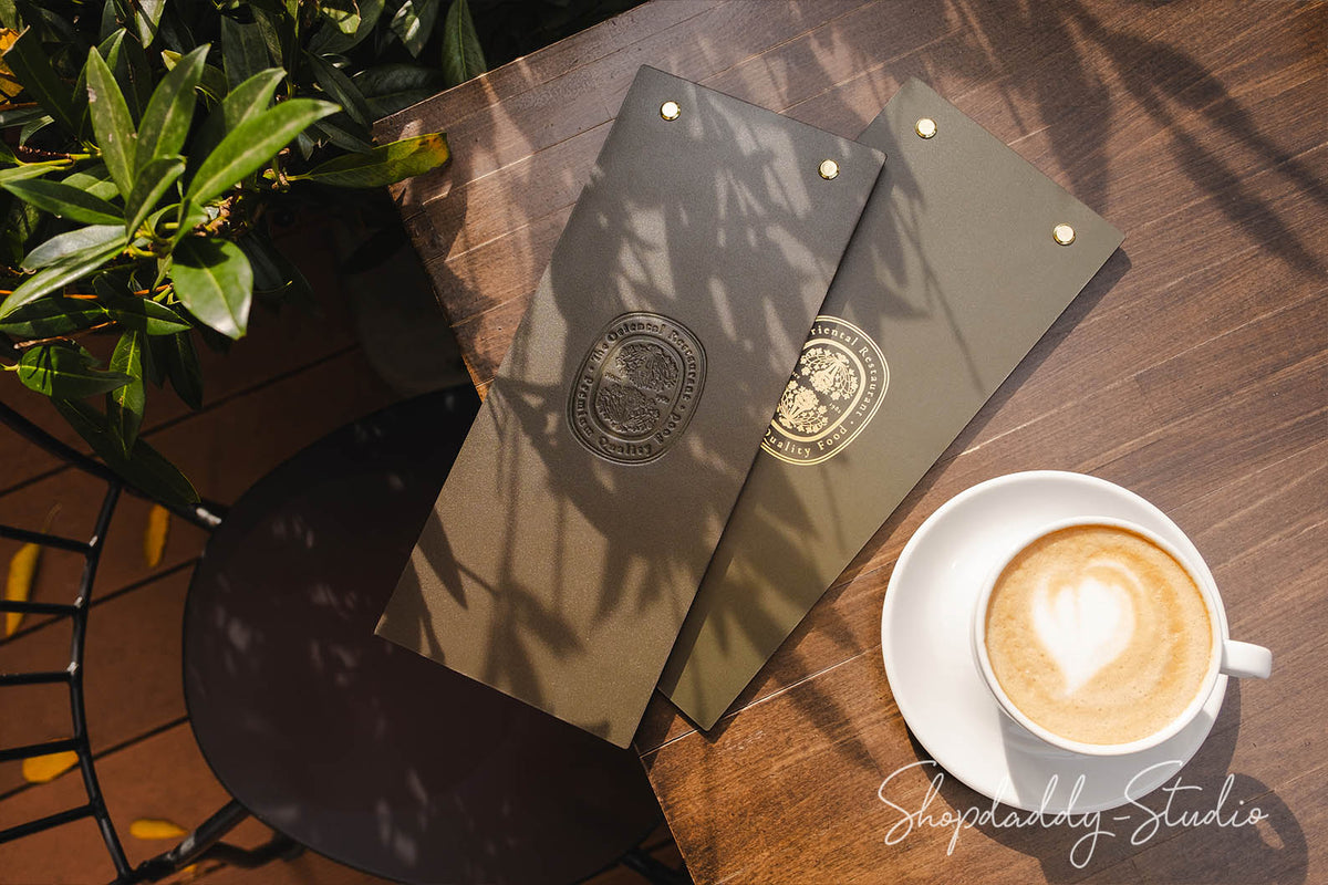 Green Double Leather Menu Holder with Brass Plank for cocktail menu