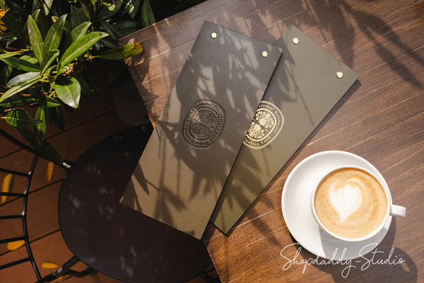 Green Double Leather Menu Holder with Brass Plank for cocktail menu