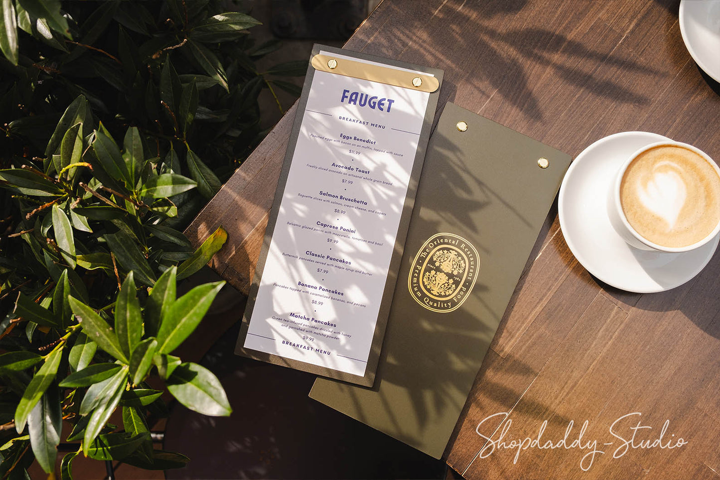 Green Double Leather Menu Holder with Brass Plank for drink menu