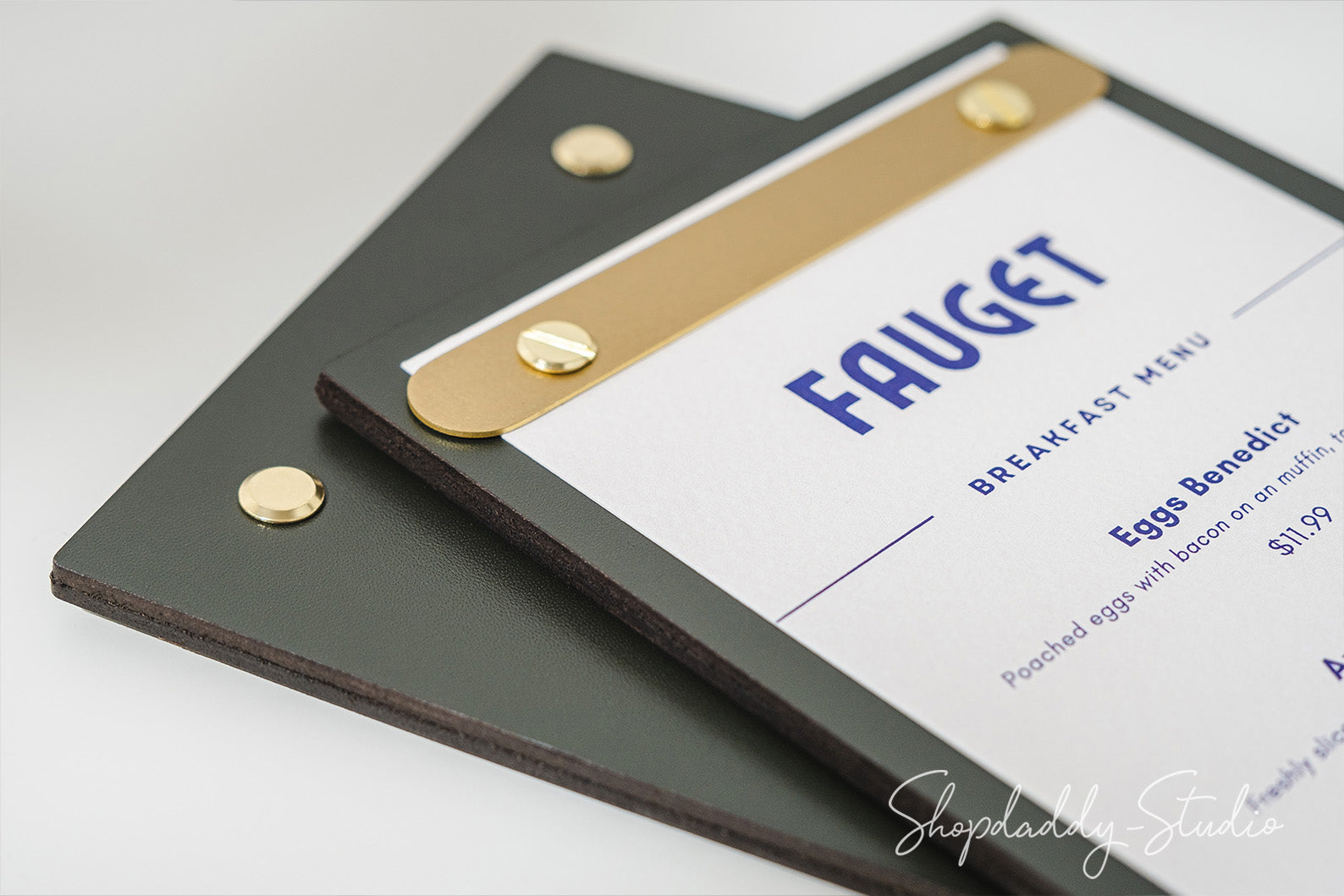 Green Double Leather Menu Holder with Brass Plank ShopdaddyStudio