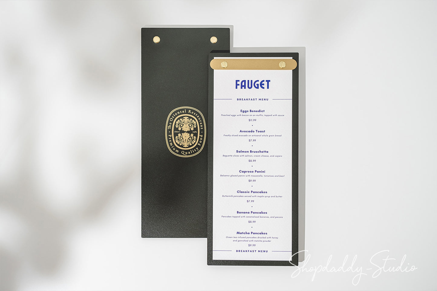 Green Double Leather Menu Holder with Brass Plank for wine list menu