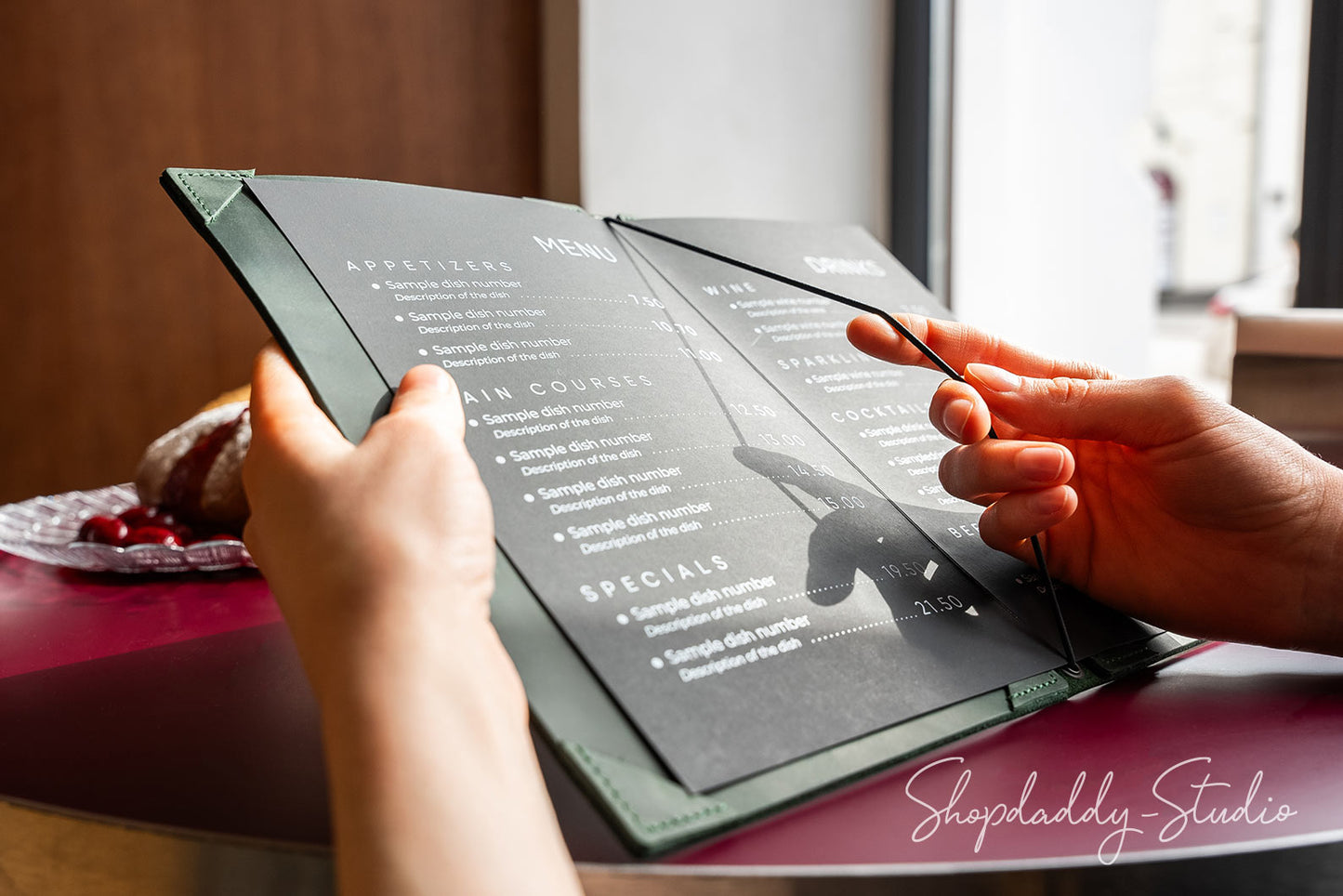 Green Double Leather Menu Holder with Corners for restaurant