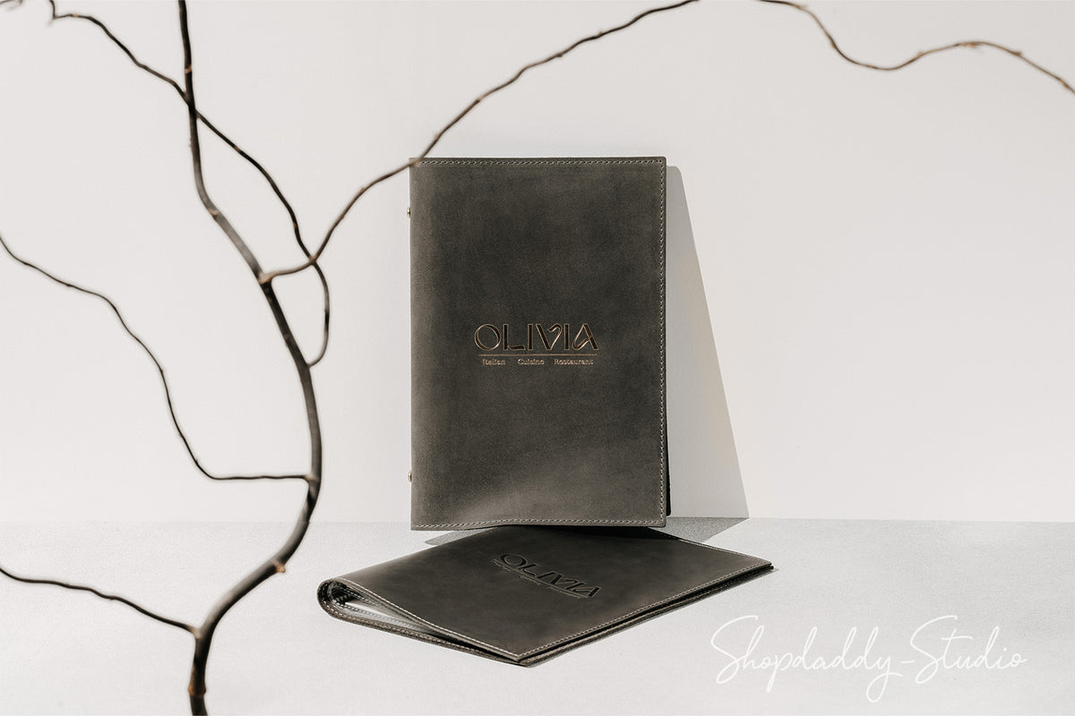 Green Gray Leather Menu Cover With Plastic Sleeves