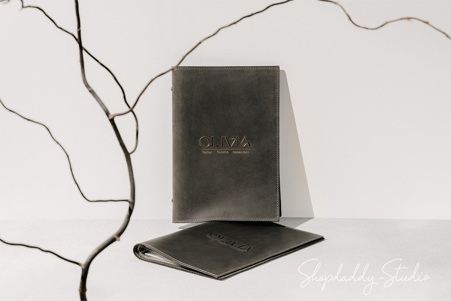 Green Gray Leather Menu Cover With Plastic Sleeves