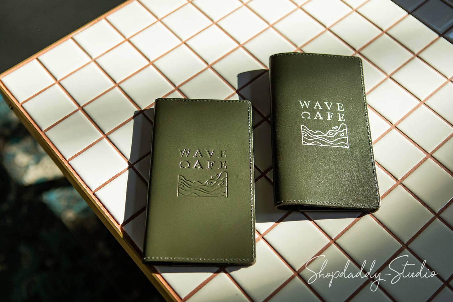 Green Italian Leather Check Presenter With Wave Pockets for restaurant
