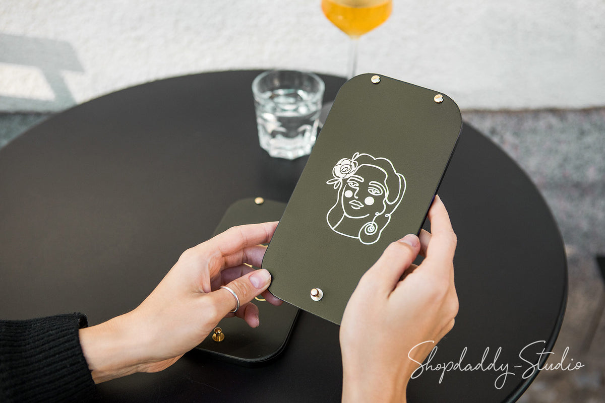 Green Leather / Ashwood Bill Presenter for restaurant