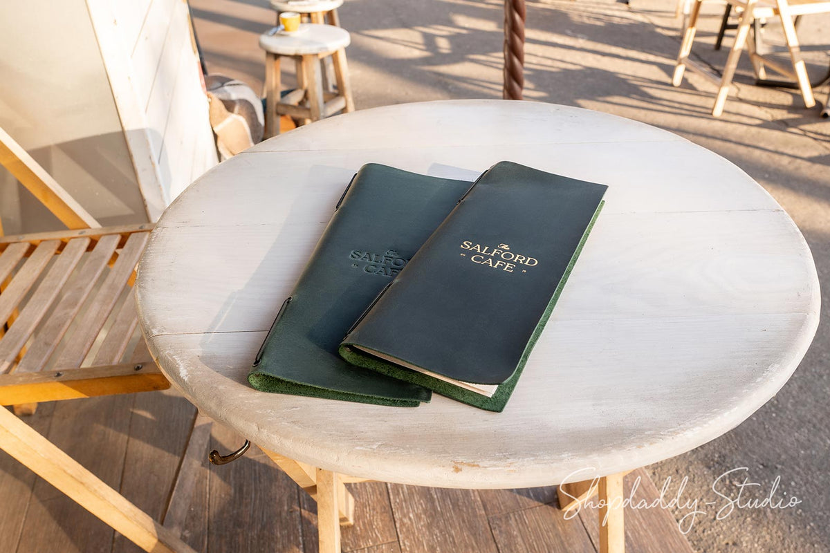 Green Leather Menu Book with Elastic Band for restaurant