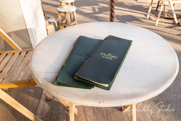 Green Leather Menu Book with Elastic Band for restaurant