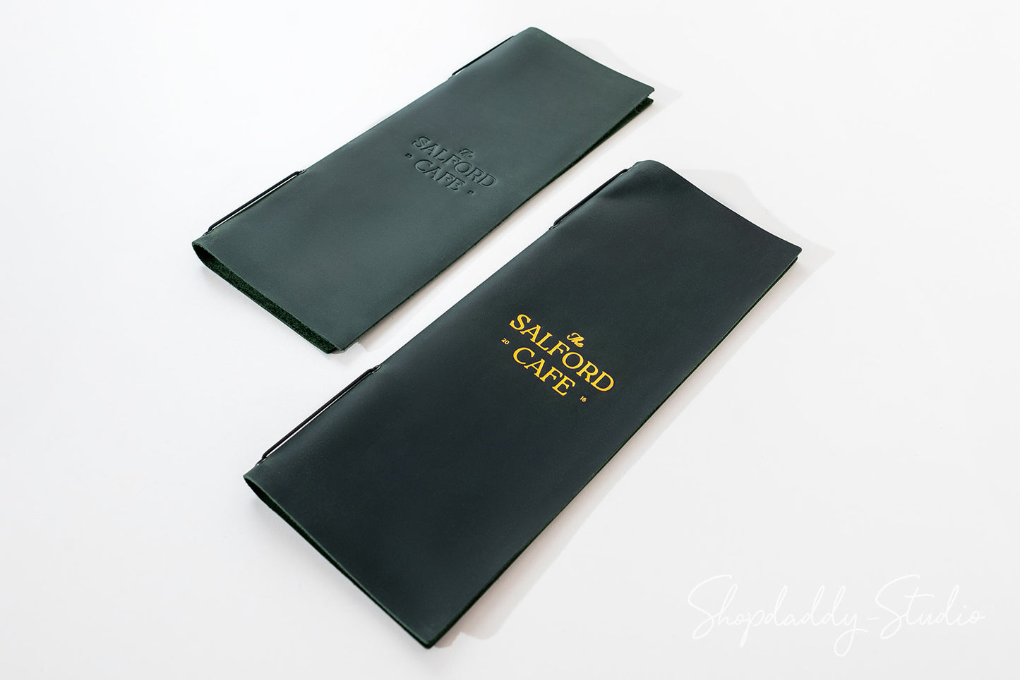 Green Leather Menu Cover with Elastic Band for cafe