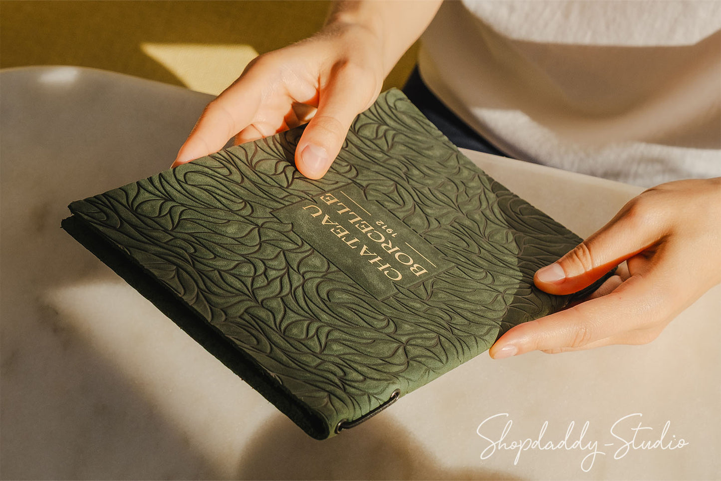 Green Leather Menu Cover with Leaf Pattern for Cafe