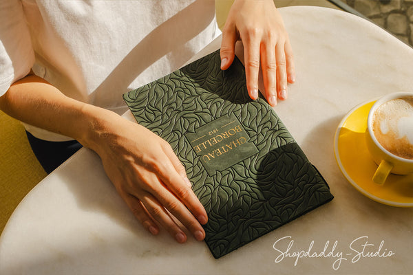Green Leather Menu Cover with Leaf Pattern for Cafes