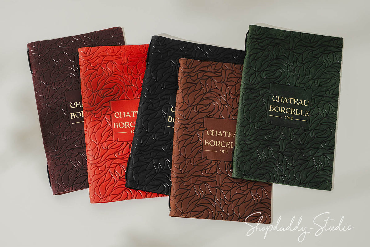 Green Leather Menu Cover with Leaf Pattern with Gold Logo