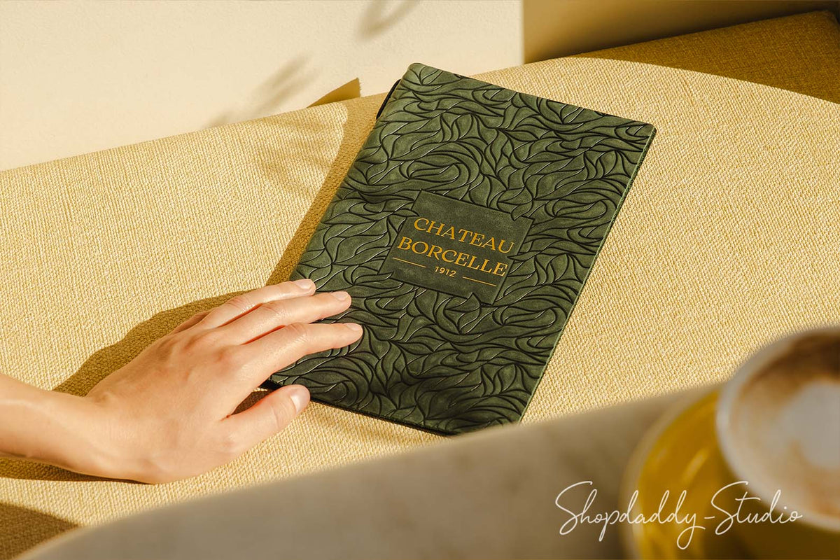 Green Leather Menu Cover with Leaf Pattern with Logo