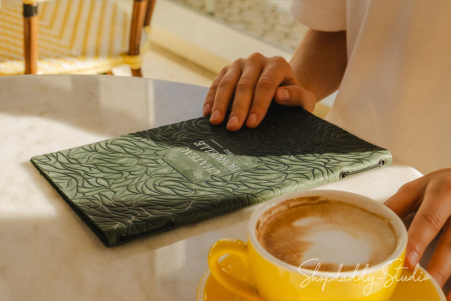 Green Leather Menu Cover with Leaf Pattern with your logo 