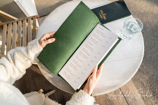 Green Leather Menu Folder with Elastic Band