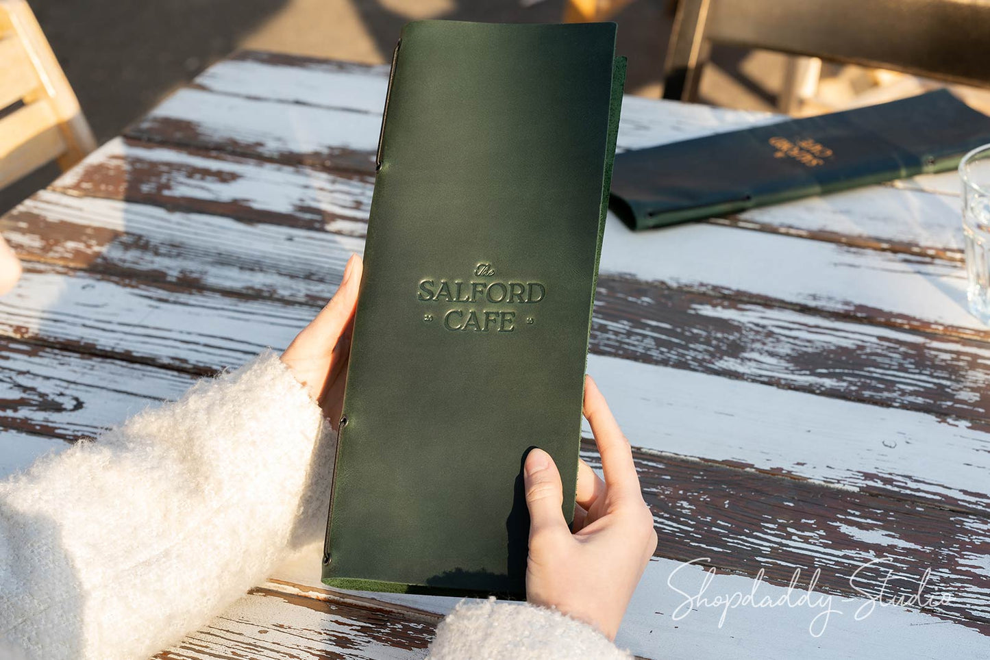 Green Leather Menu Folder with Elastic Band for restaurant
