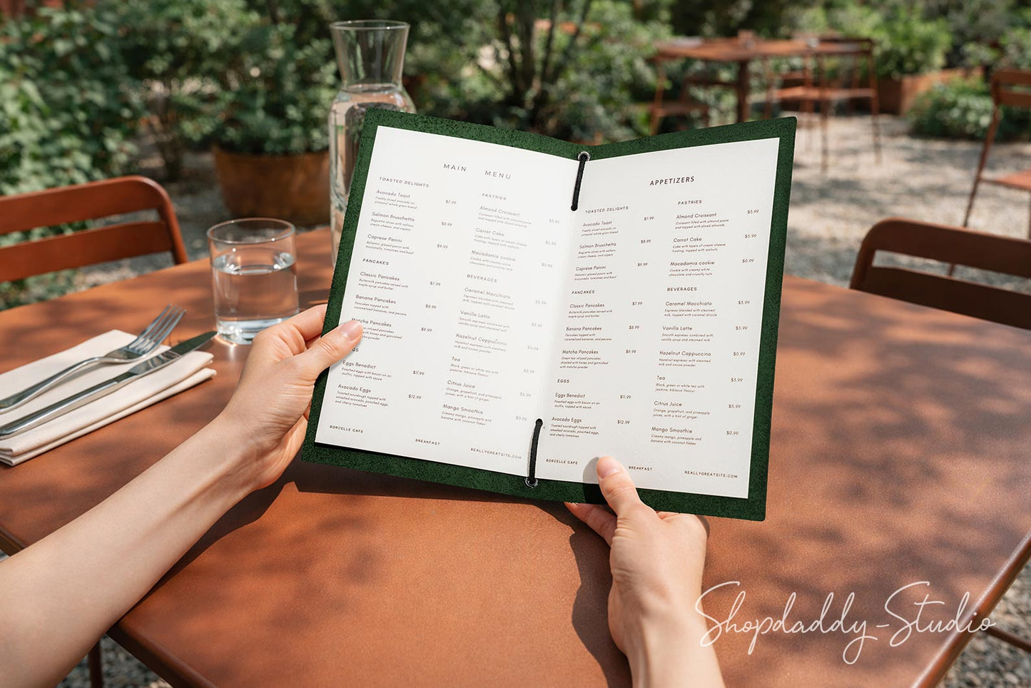 Green Leather Menu Folder with Leather Lace for Cafes and Bars