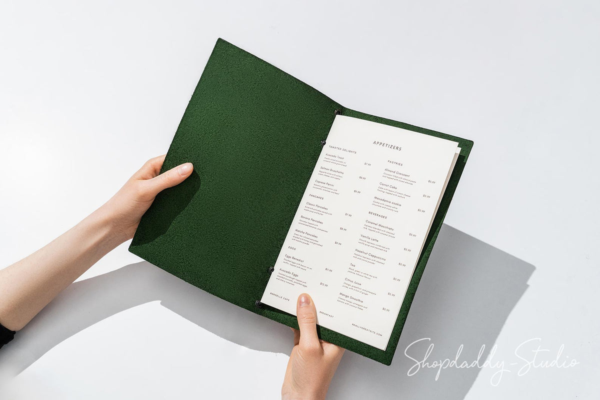 Green Leather Menu Folder with Leather Lace for Menu Presentation