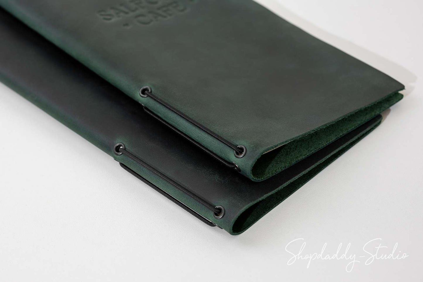 Green Leather Menu Holder with Elastic Band for restaurant