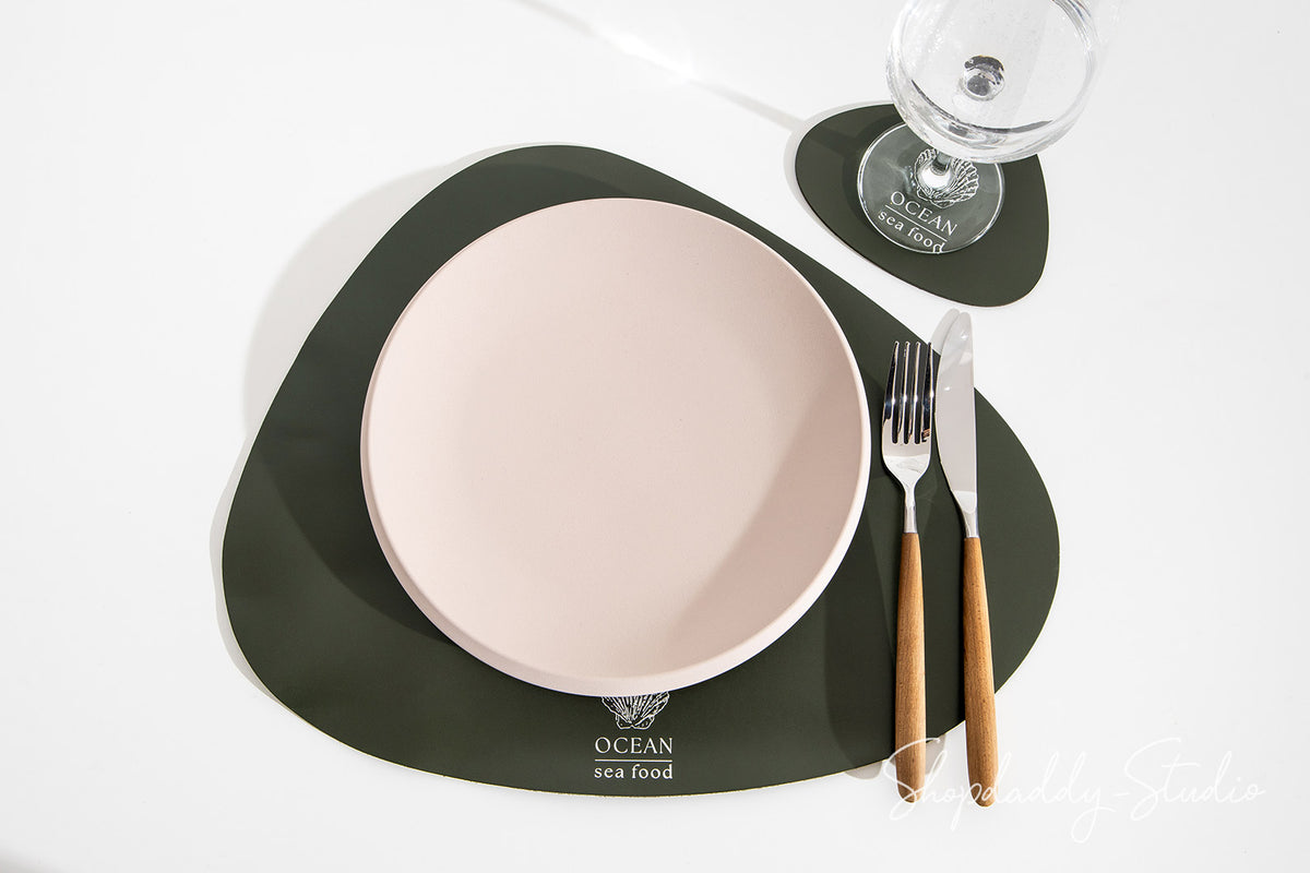 Green Leather Pebble Coasters Set (5 pcs) for Cafes and Bars
