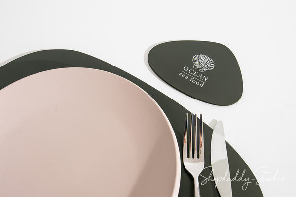 Green Leather Pebble Coasters Set (5 pcs) for Table Settings