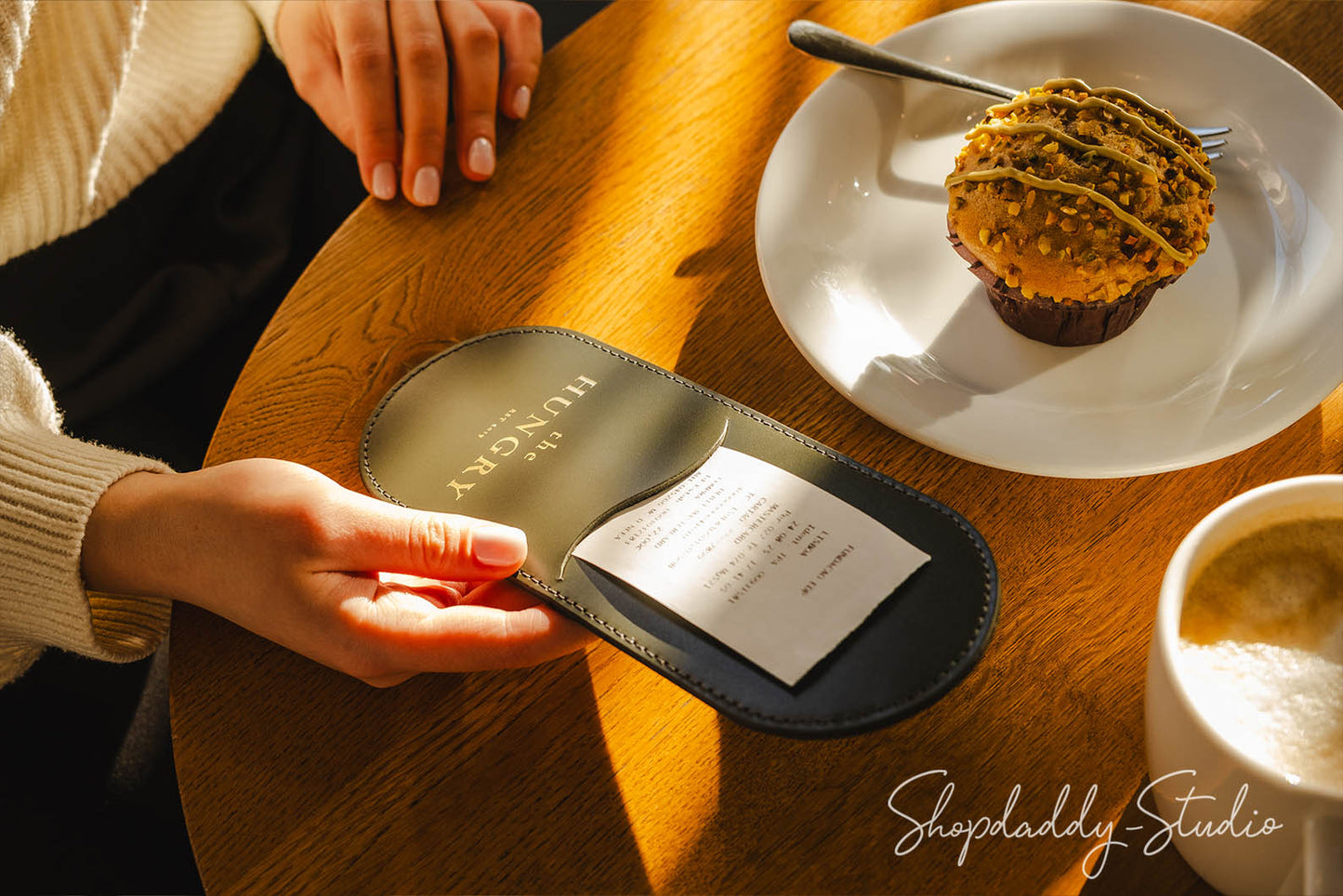 Green Leather Rounded Check Holder for restaurant