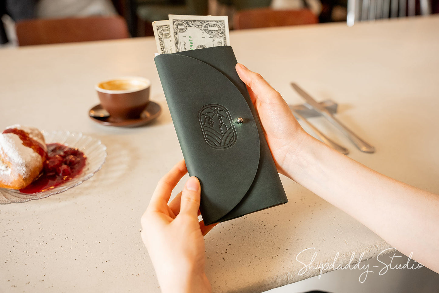 Green Server Book with Button Stud for restaurant