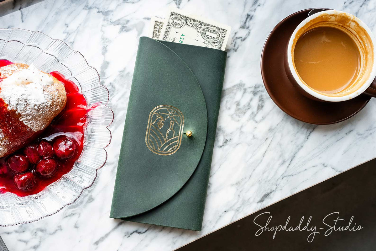 Green Server Booklet with Button Stud for restaurant