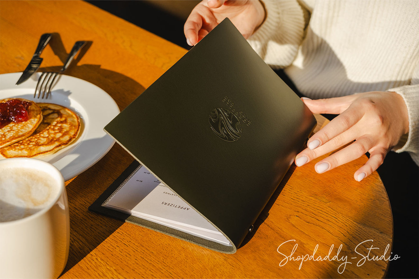 Green Thick Leather Menu Cover With Plastic Sleeves for restaurant