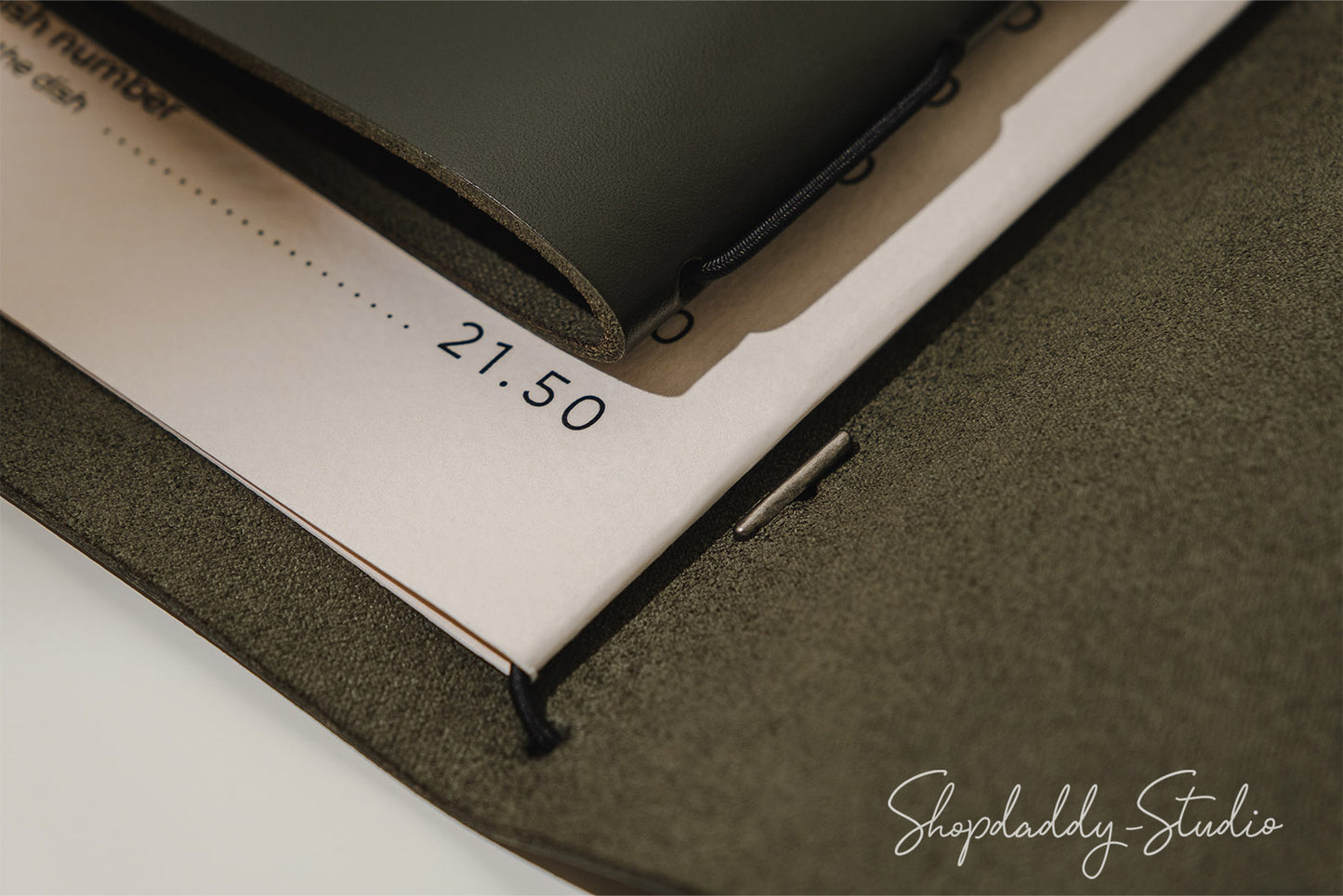Green Thick Leather Menu Cover with Elastic Band in details
