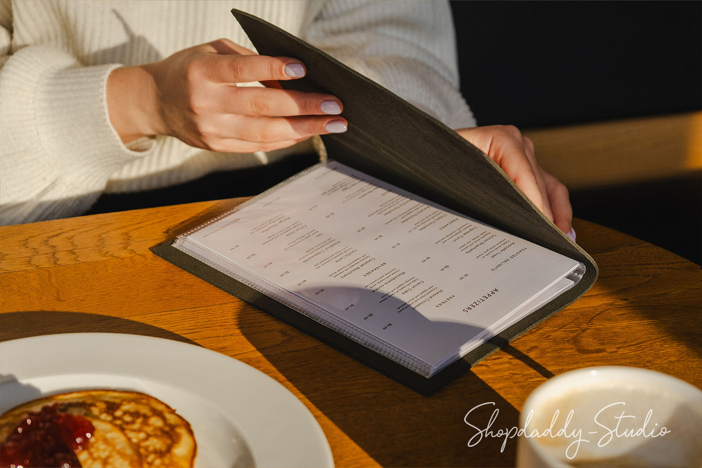 Green Thick Leather Menu Folder With Plastic Sleeves for restaurant