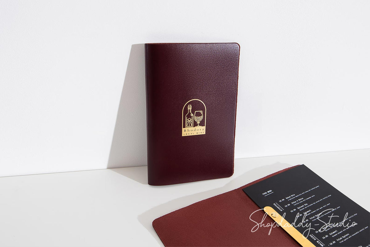 Handcrafted Purple Thick Leather Menu Cover with Brass Plank