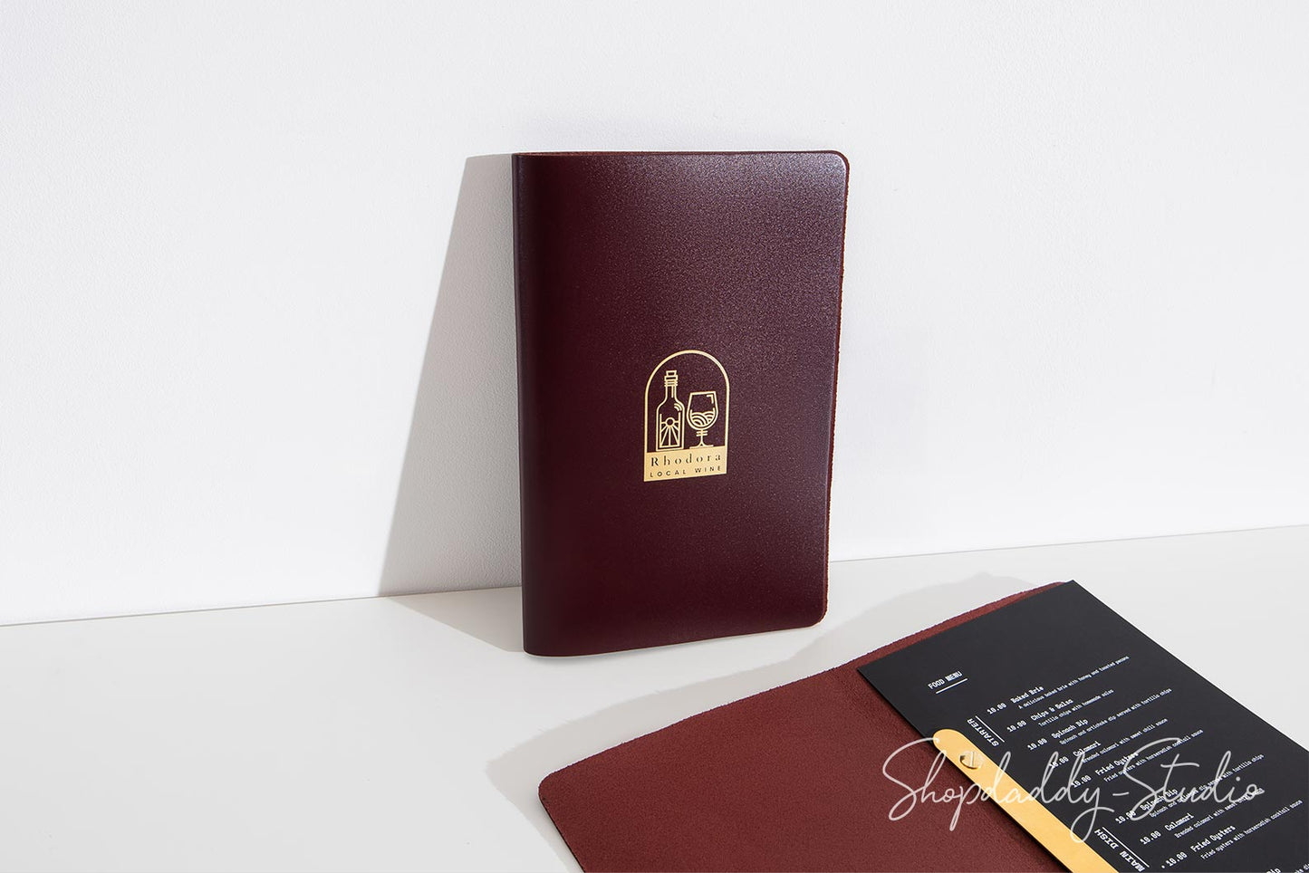 Handcrafted Purple Thick Leather Menu Cover with Brass Plank