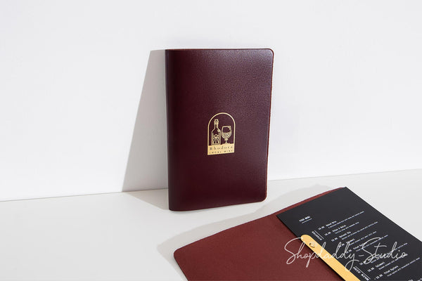 Handcrafted Purple Thick Leather Menu Cover with Brass Plank
